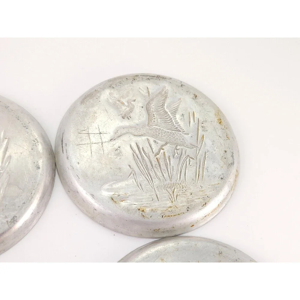 Vintage Stamped Aluminum Coasters Set of 4 Flying Mallard Ducks Marsh Cabin MCM